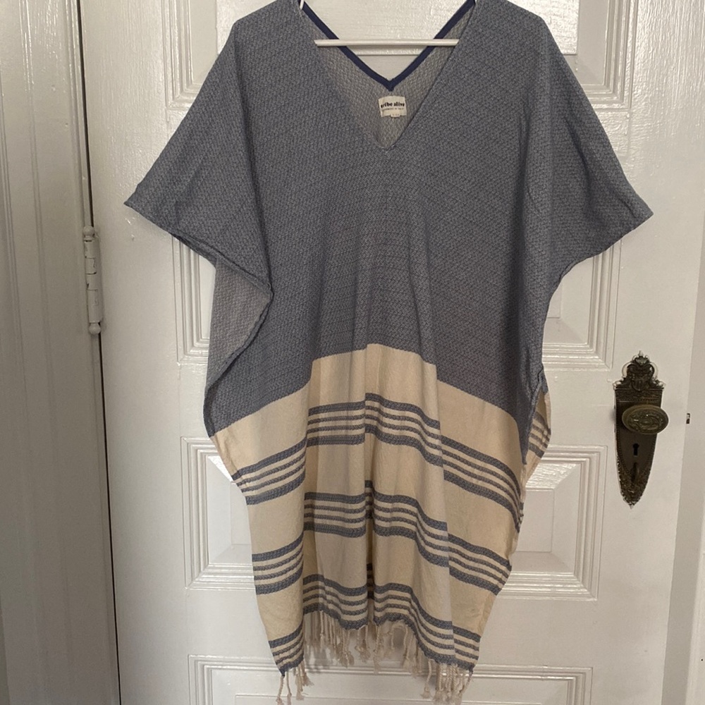 Tribe Alive fringe, striped poncho
